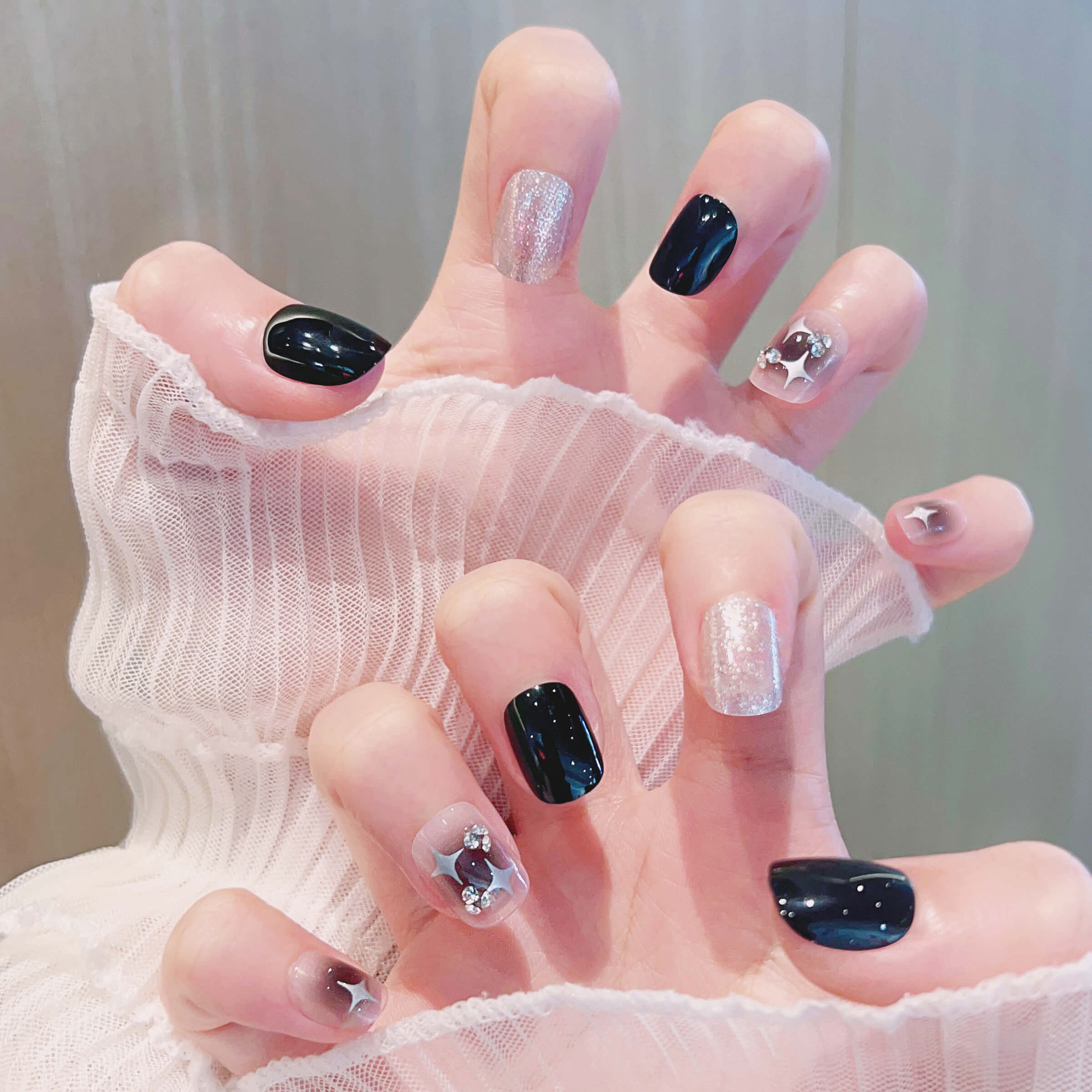 Black Moonstar Cool Medium Long Press On Nails Set #2