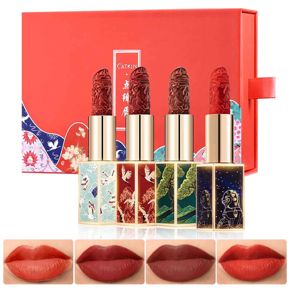 Catkin Rouge Carving Lipstick Set Bombshell Natural Velvet Lipstick Cherry Red Lipstick Glitter Lips
